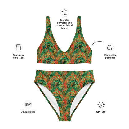 Rain Forest Green Orange High-Waisted Bikini