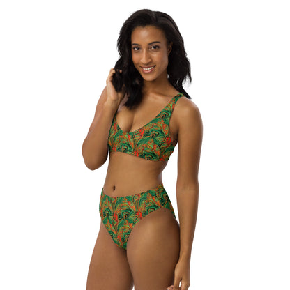 Rain Forest Green Orange High-Waisted Bikini
